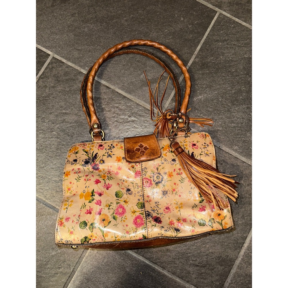 Patricia Nash Floral Leather‎ Satchel Handbag Tan Multi Tassel Braided Handle